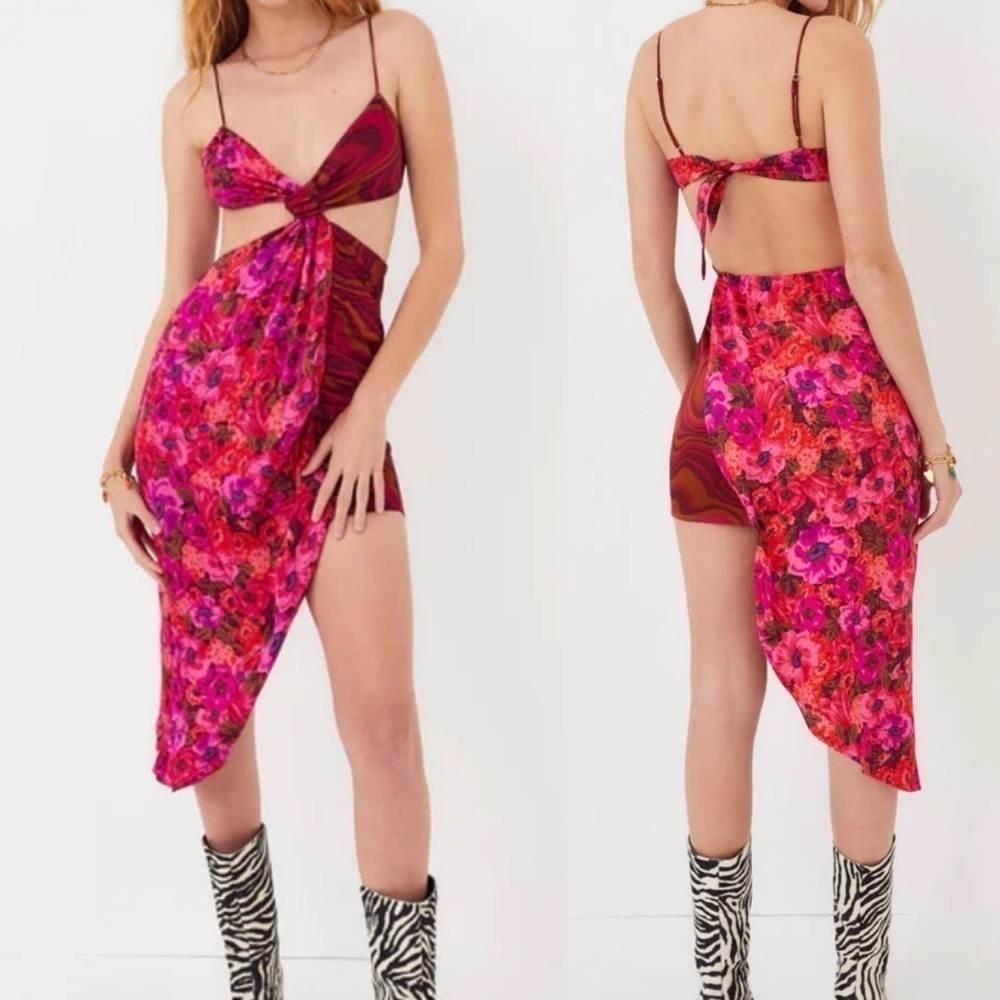 For love & lemons mix print cutout hug low mini dress pink/red plus size 2X